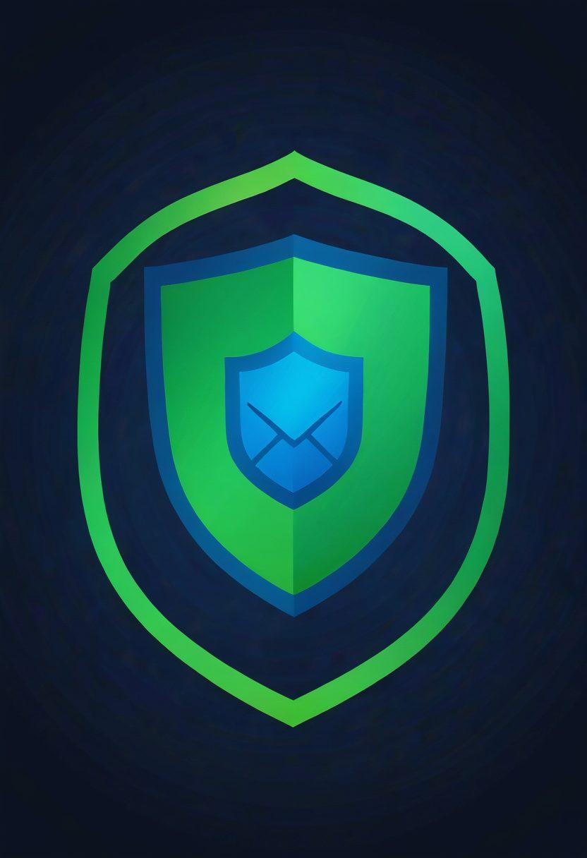 A shield-shaped email icon surrounded by digital locks, symbolizing security. In the background, a flow of spam emails, represented by crossed-out envelopes, is dissipating into the ether. Soft glow effects to highlight the idea of protection. Colors should be a blend of deep blue and vibrant green for a techy feel. minimalist design. digital art.