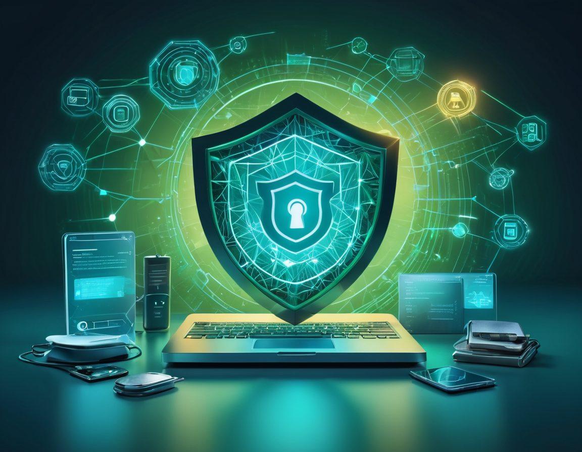 A digital lock representing email security, surrounded by glowing tools like a shield, a magnifying glass, and a checklist. In the background, an abstract representation of a network, symbolizing online connections, with soft blue and green tones. The scene conveys a sense of protection and technology. vibrant colors. 3D.