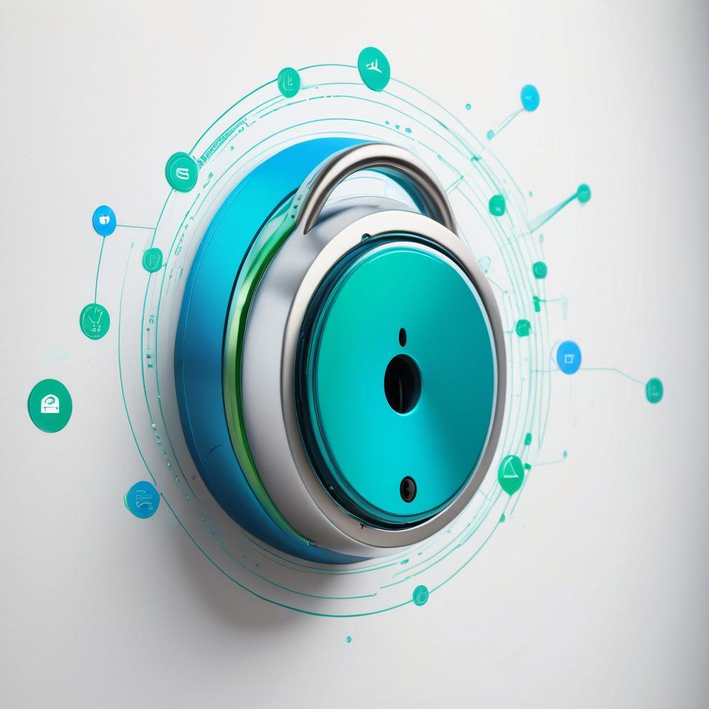 A digital lock symbolizing email security, surrounded by various email icons and spam alerts being deflected away. In the background, a vibrant network of interconnected lines representing data flow and protection. The color scheme should convey a sense of trust with shades of blue and green. super-realistic. vibrant colors. white background.